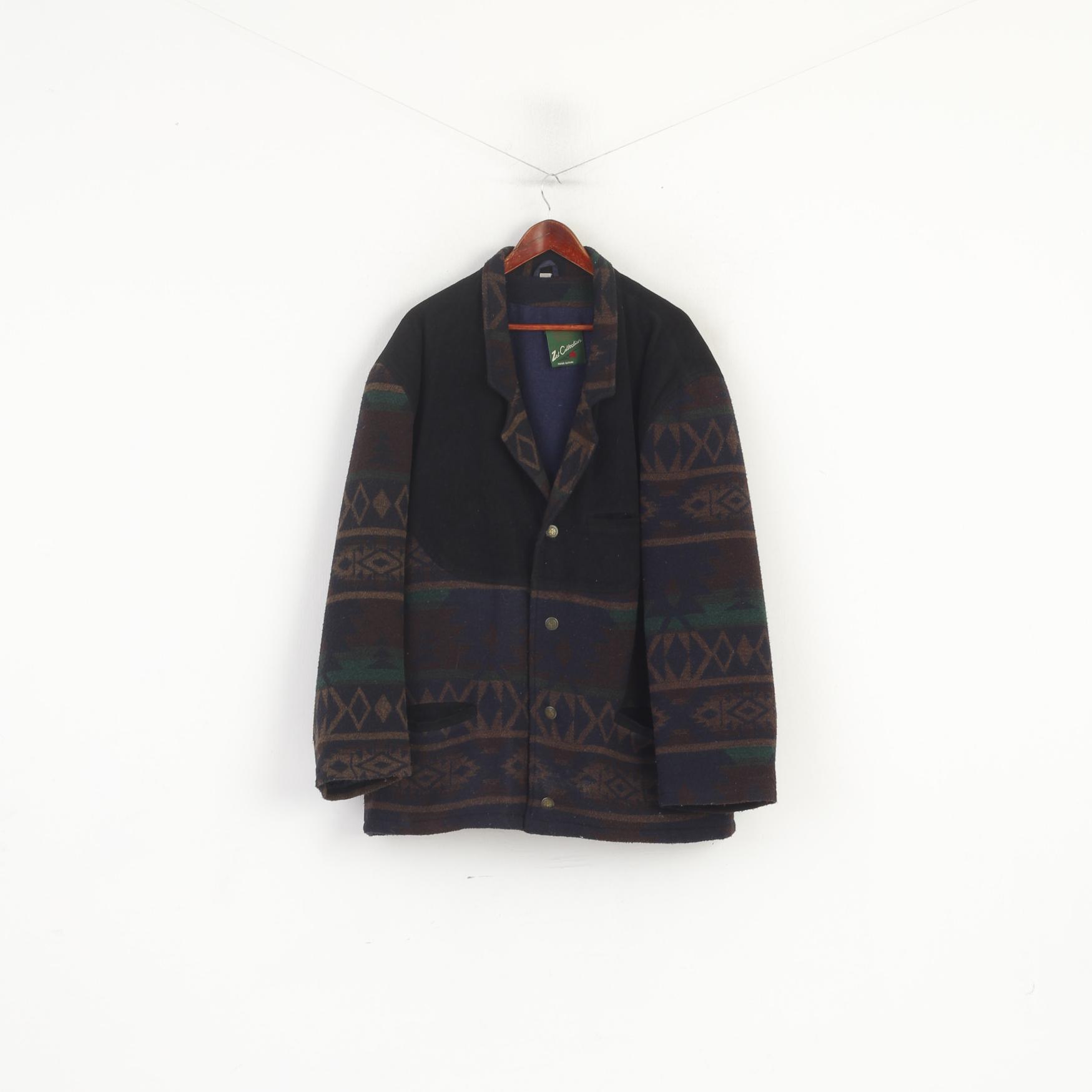 Collezione Zet Giacca da uomo 56 XL in lana blu vintage con spalline azteche retrò