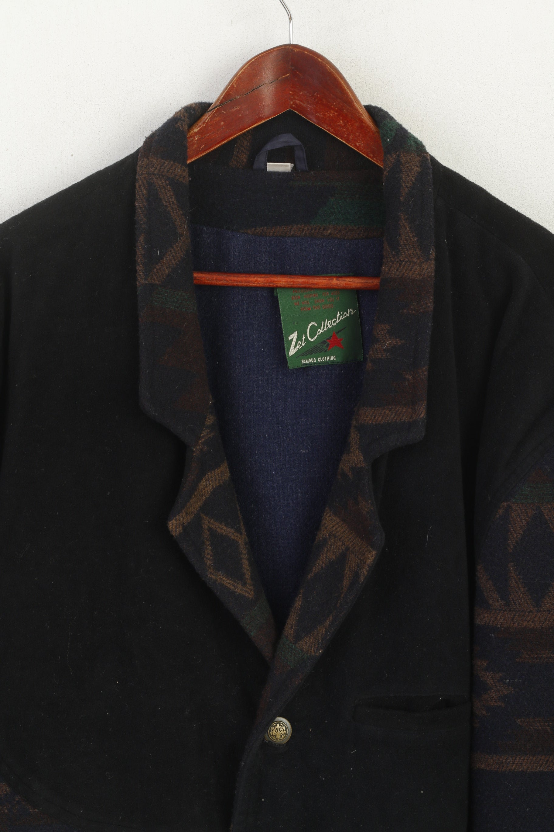 Collezione Zet Giacca da uomo 56 XL in lana blu vintage con spalline azteche retrò
