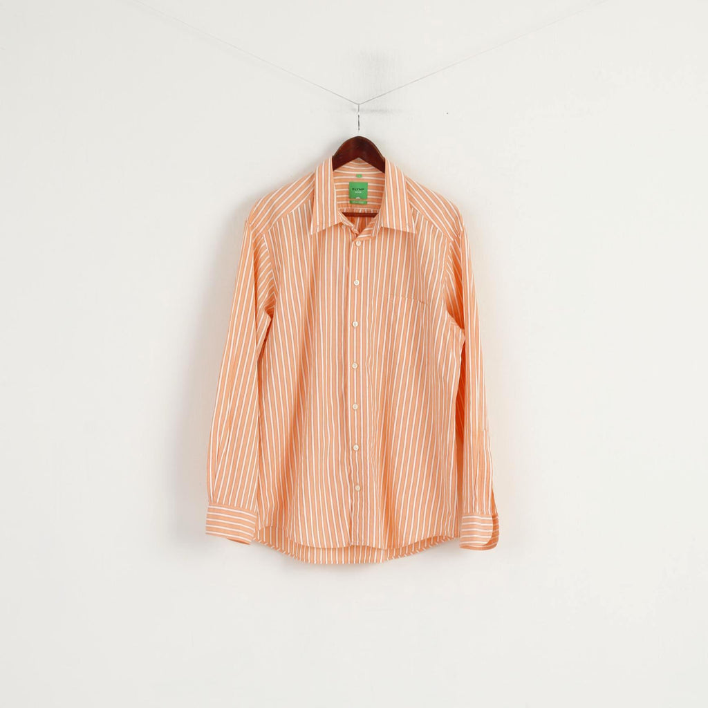 Olymp Novum Men XL Casual Shirt Orange Cotton Striped Slim Line Long Sleeve Top