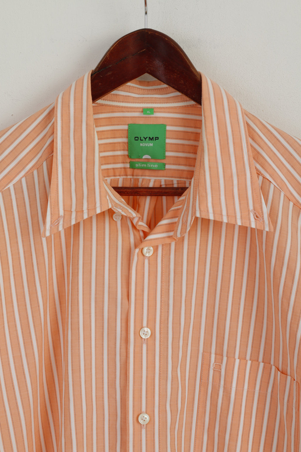 Olymp Novum Men XL Casual Shirt Orange Cotton Striped Slim Line Long Sleeve Top