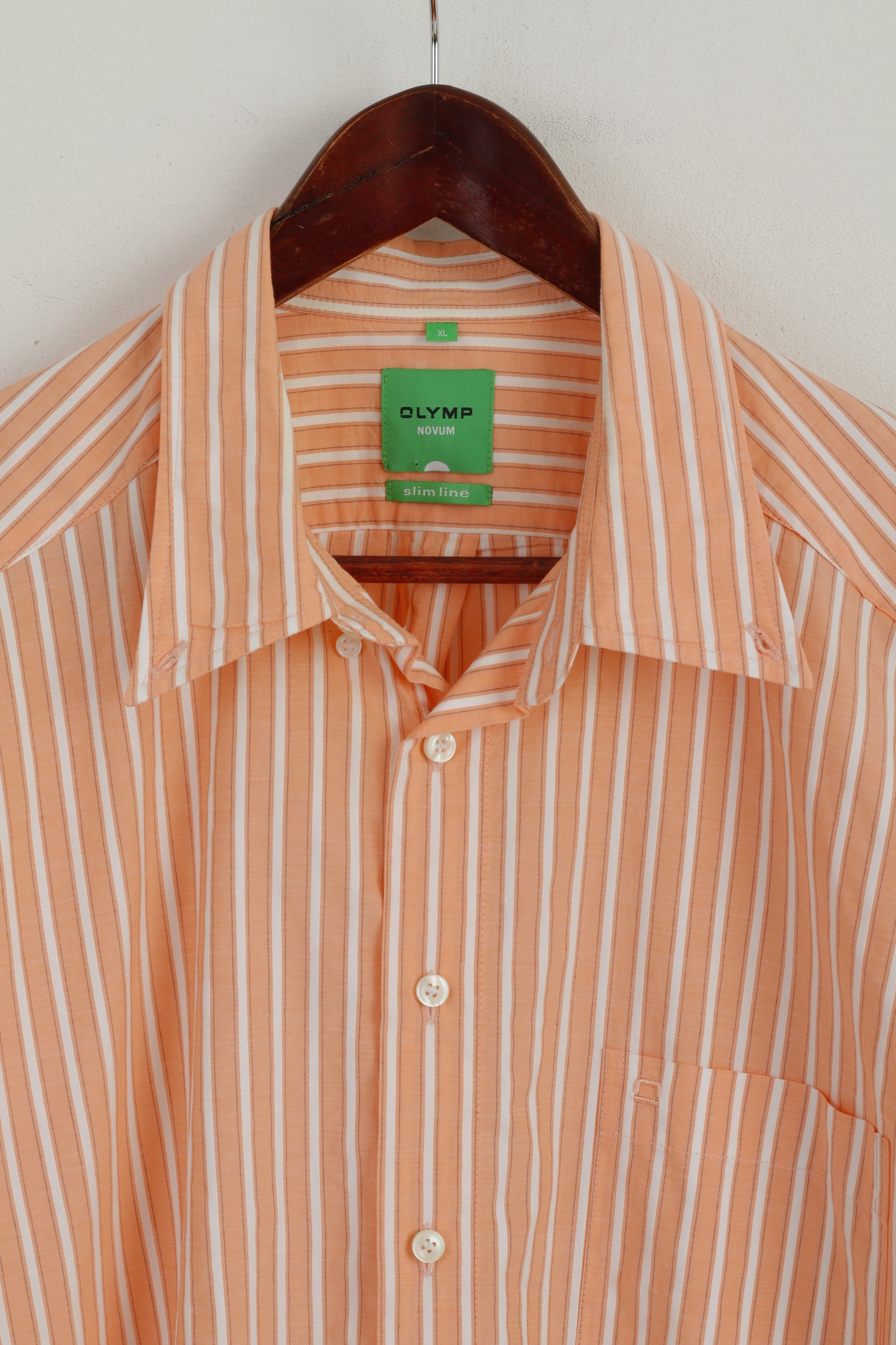 Olymp Novum Men XL Casual Shirt Orange Cotton Striped Slim Line Long Sleeve Top