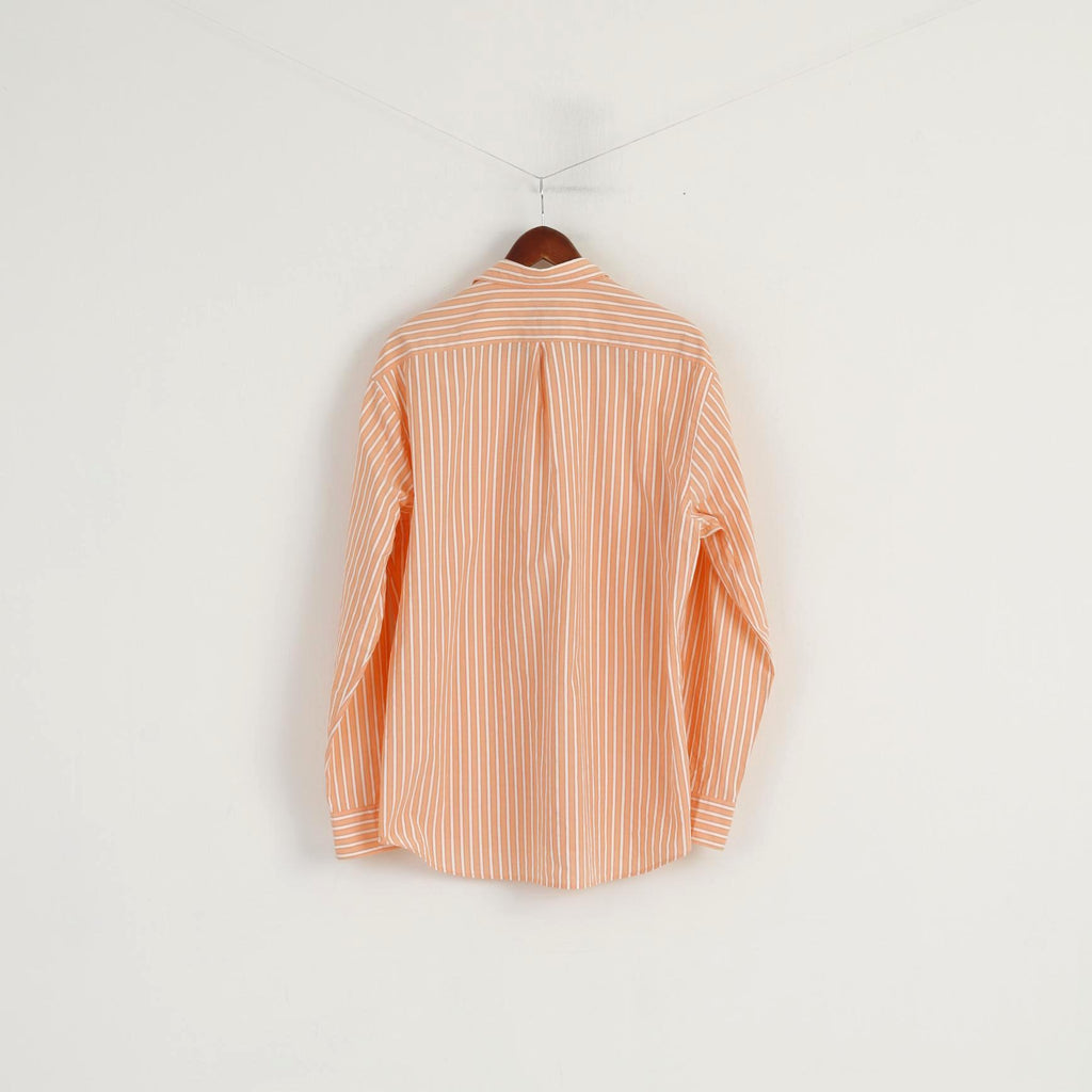 Olymp Novum Men XL Casual Shirt Orange Cotton Striped Slim Line Long Sleeve Top