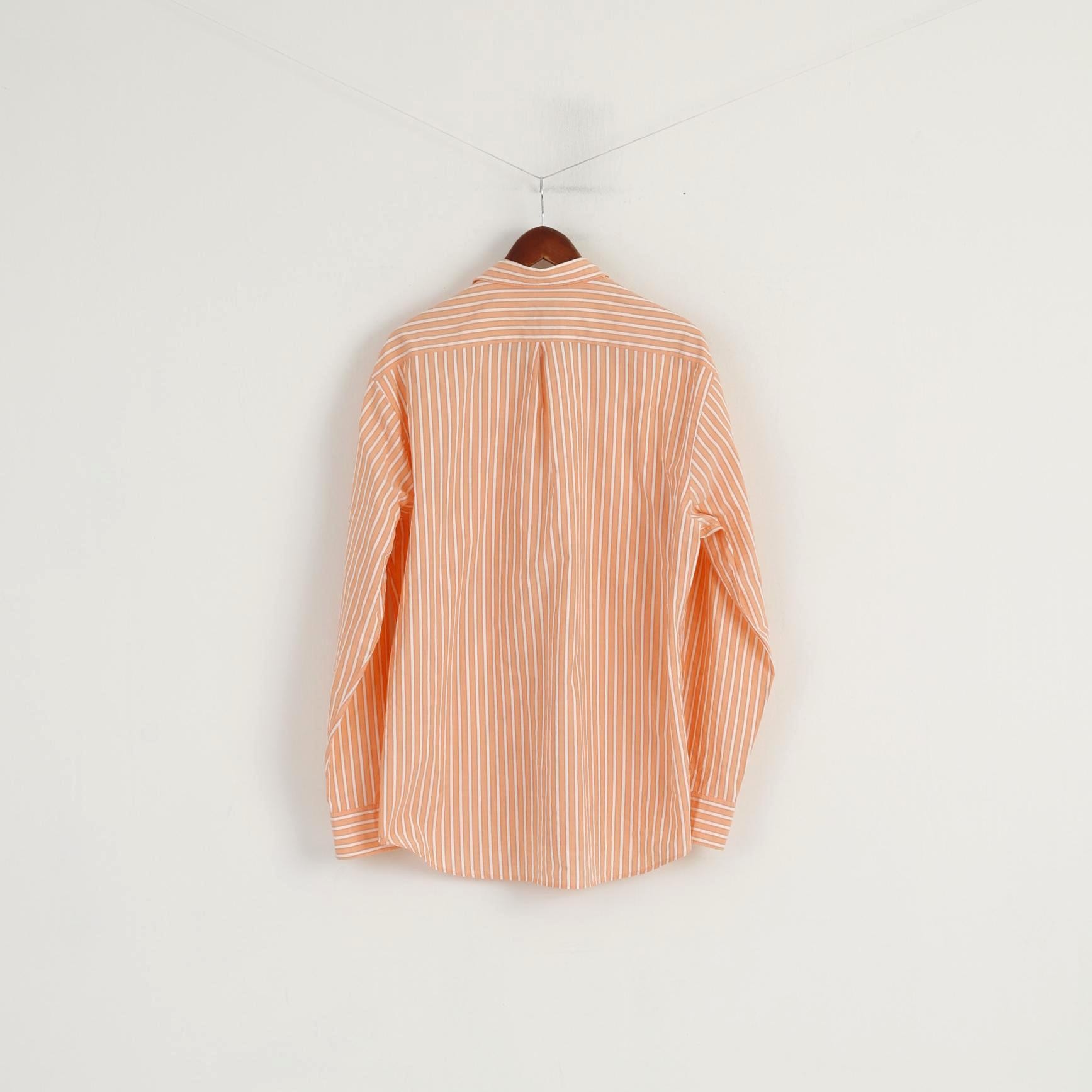 Olymp Novum Men XL Casual Shirt Orange Cotton Striped Slim Line Long Sleeve Top