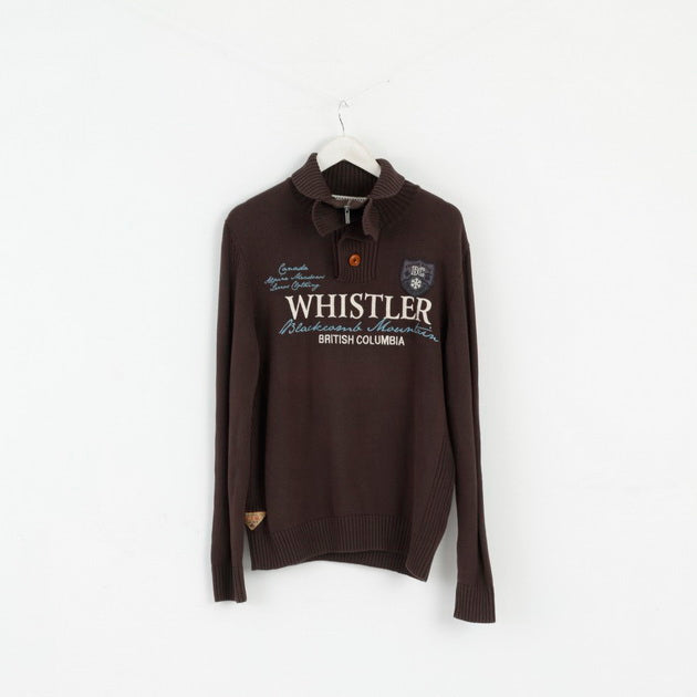 LERROS Mens L Jumper Brown Cotton Whistler Emroidered Zip Neck Sweater