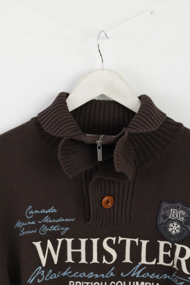 LERROS Mens L Jumper Brown Cotton Whistler Emroidered Zip Neck Sweater