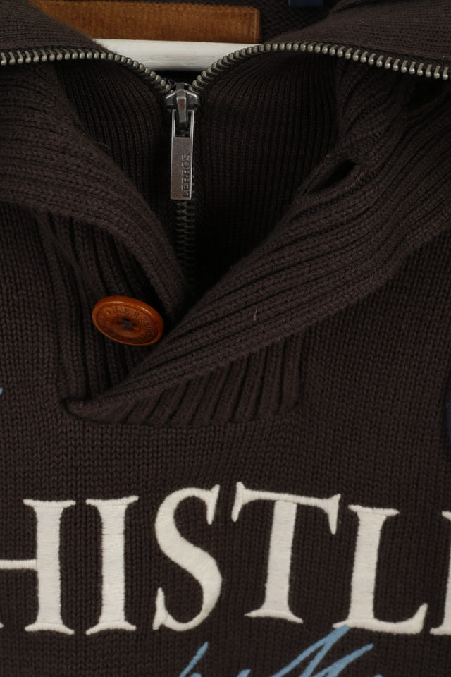LERROS Mens L Jumper Brown Cotton Whistler Emroidered Zip Neck Sweater