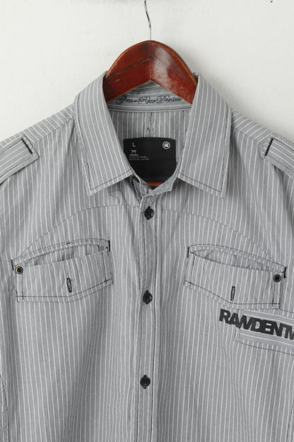 G-Star Raw Men L Casual Shirt Grey Striped Cotton Pocket Slim Fit Long Sleeve Top