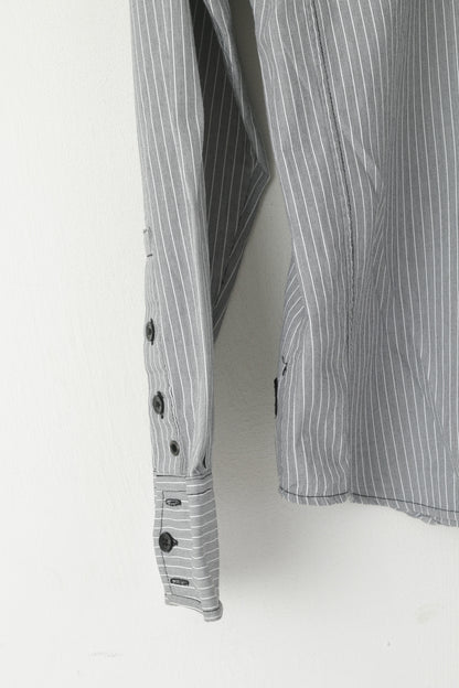 G-Star Raw Men L Casual Shirt Grey Striped Cotton Pocket Slim Fit Long Sleeve Top