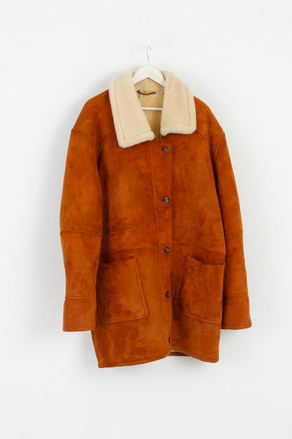 Giacca vintage da donna 42 XXL in pelle marrone con pelliccia di pecora pesante e calda