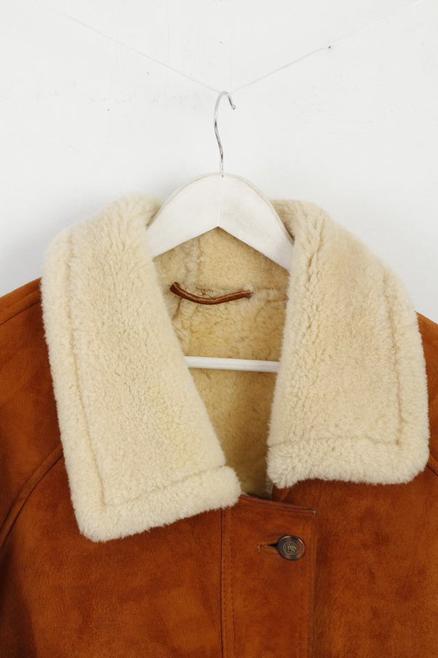 Giacca vintage da donna 42 XXL in pelle marrone con pelliccia di pecora pesante e calda