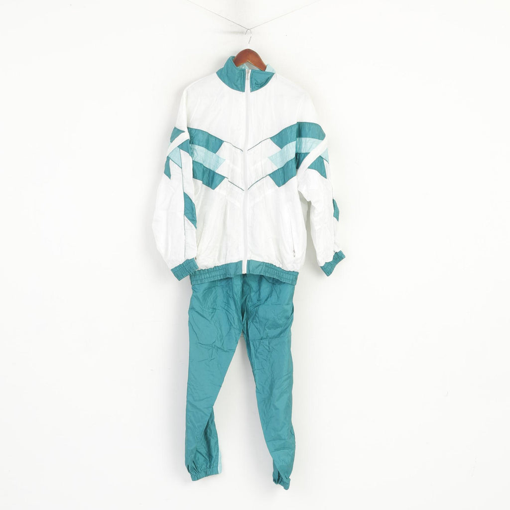 Sport Spirit Women 42 L Tracksuit White Green Vintage Shiny Jacket Trousers Nylon Waterproof Festival Set