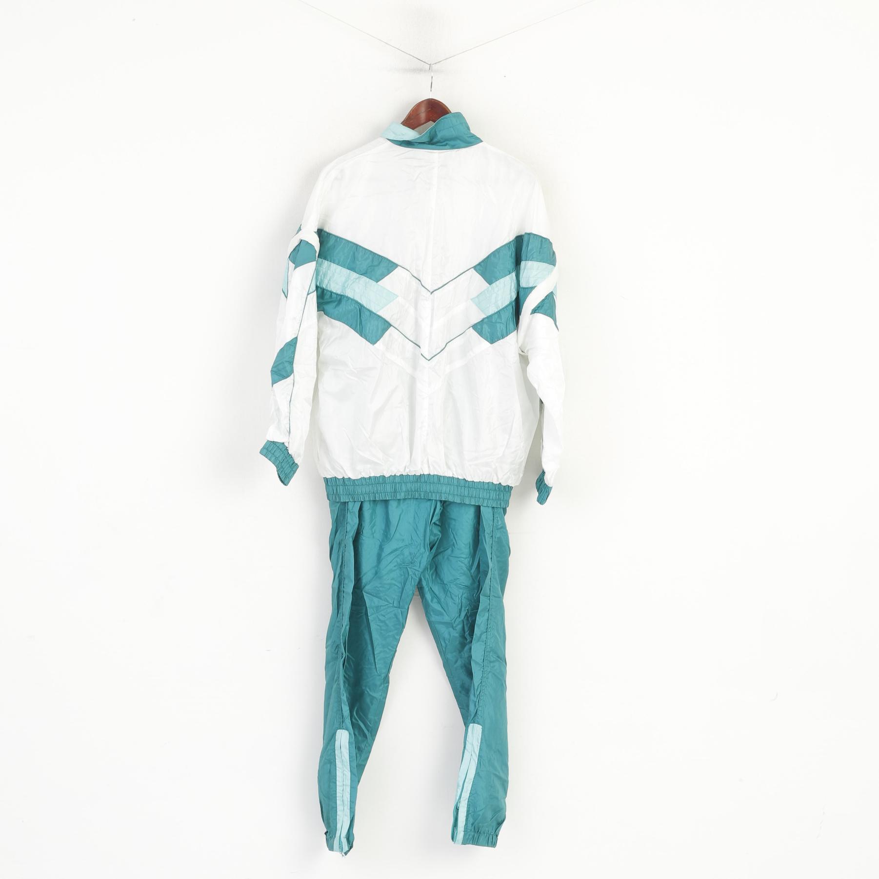 Sport Spirit Women 42 L Tracksuit White Green Vintage Shiny Jacket Trousers Nylon Waterproof Festival Set