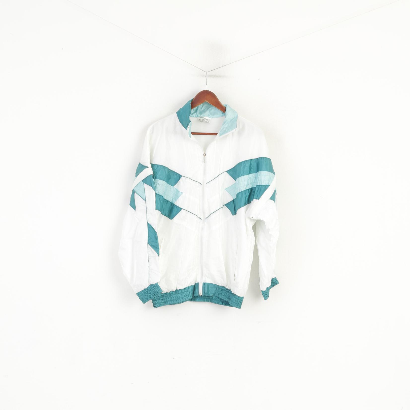 Sport Spirit Women 42 L Tracksuit White Green Vintage Shiny Jacket Trousers Nylon Waterproof Festival Set