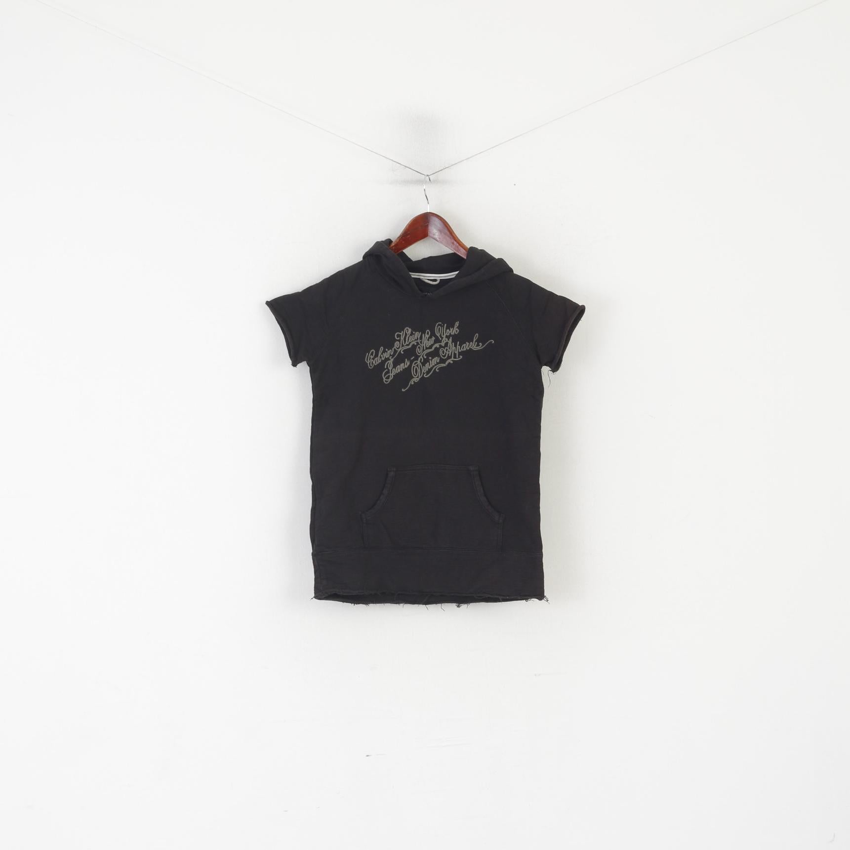 Calvin Klein Jeans Femme M Chemise Noir Coton Vintage À Capuche Poche Kangourou Top