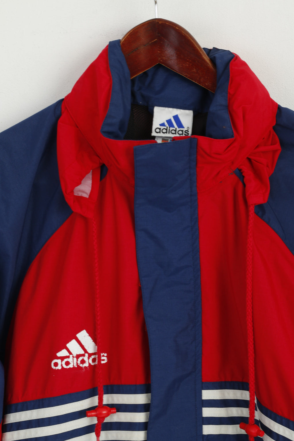 Giacca Adidas Uomo M Navy Rosso Nylon Impermeabile Cappuccio nascosto Cerniera completa