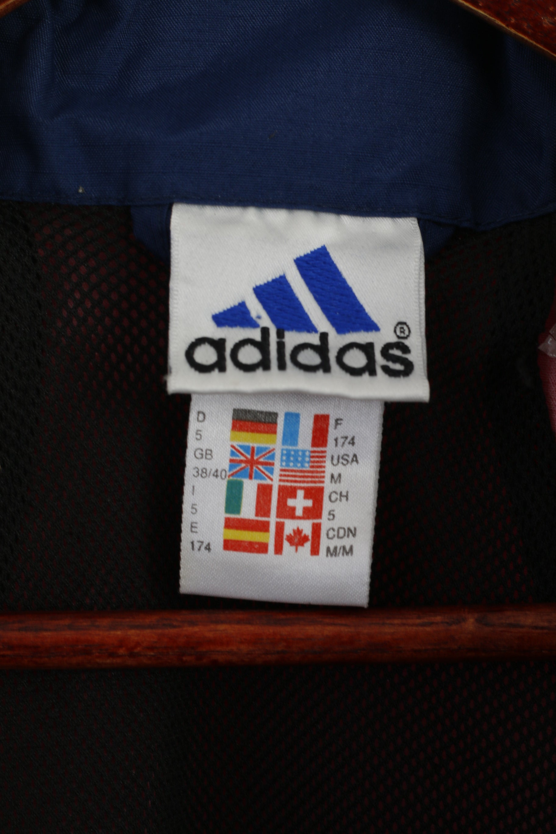 Giacca Adidas Uomo M Navy Rosso Nylon Impermeabile Cappuccio nascosto Cerniera completa