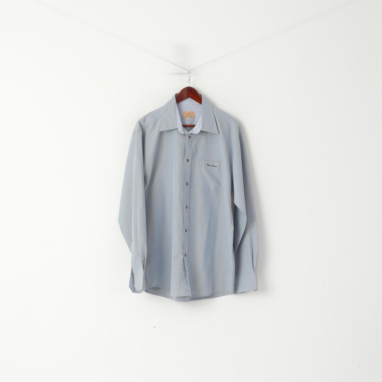 Thomas Browne Men XL Casual Shirt Blue Cotton Check Custom Modal Long Sleeve Top