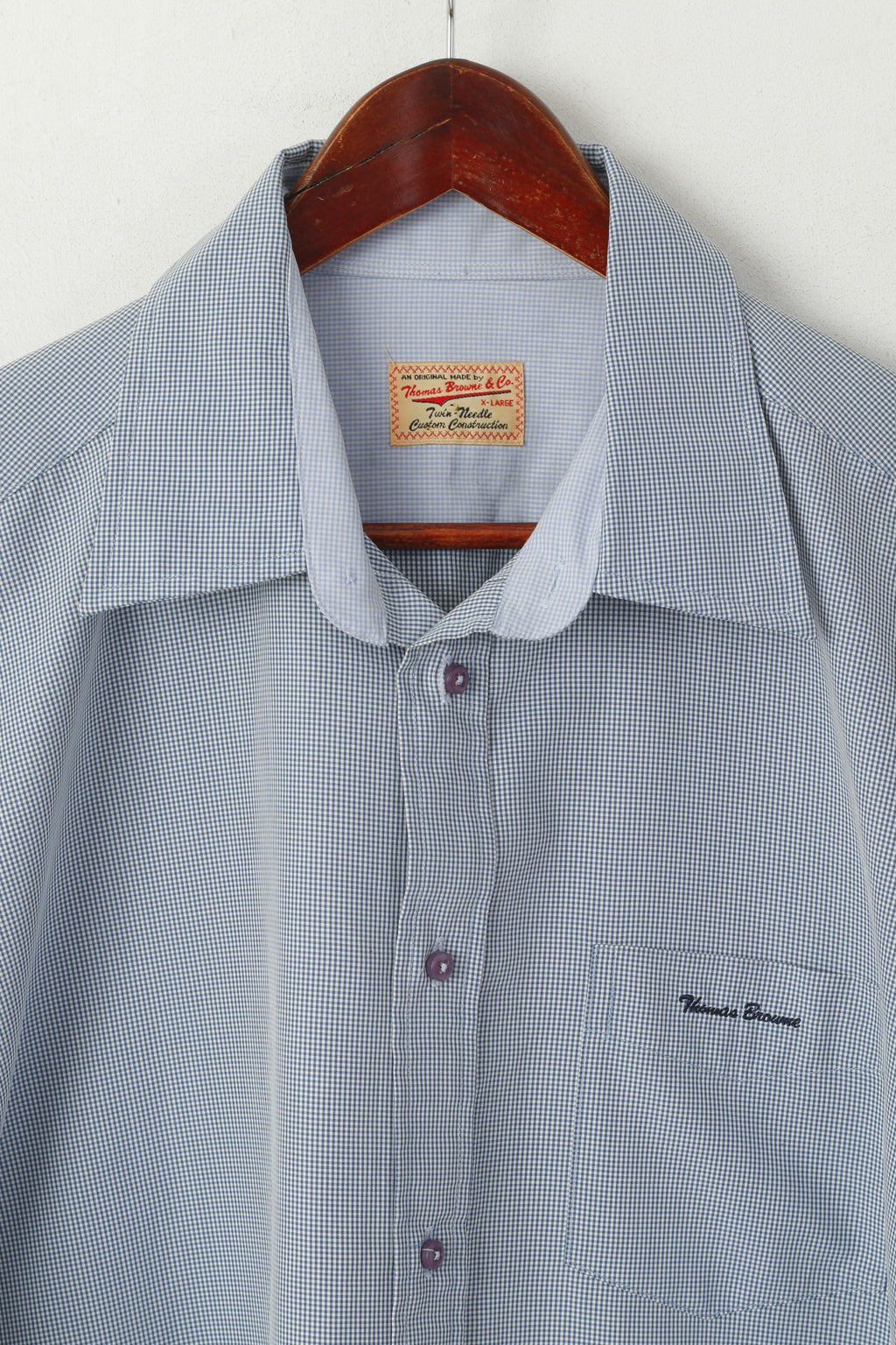 Thomas Browne Men XL Casual Shirt Blue Cotton Check Custom Modal Long Sleeve Top