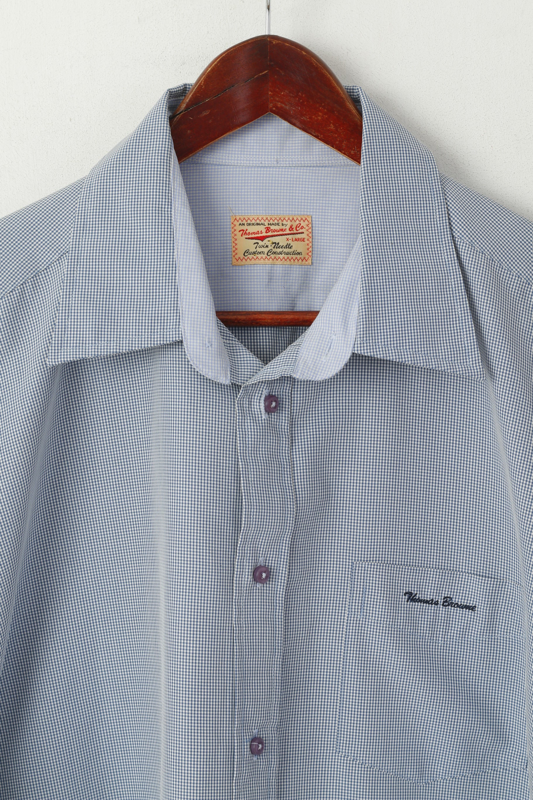 Thomas Browne Men XL Casual Shirt Blue Cotton Check Custom Modal Long Sleeve Top