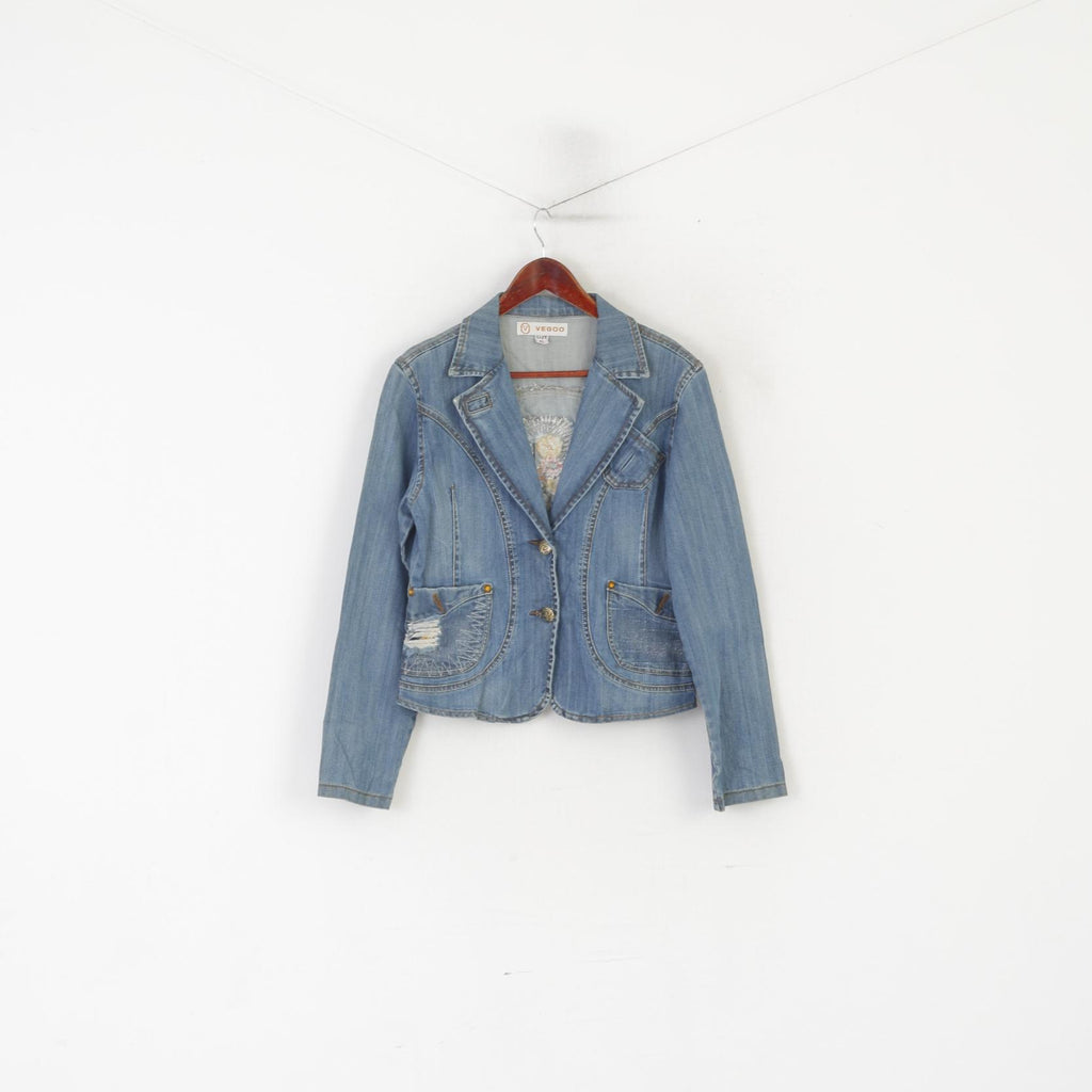 Vegoo Giacca da donna XL (M) Jeans blu vintage glitterati Blazer con bottoni dorati