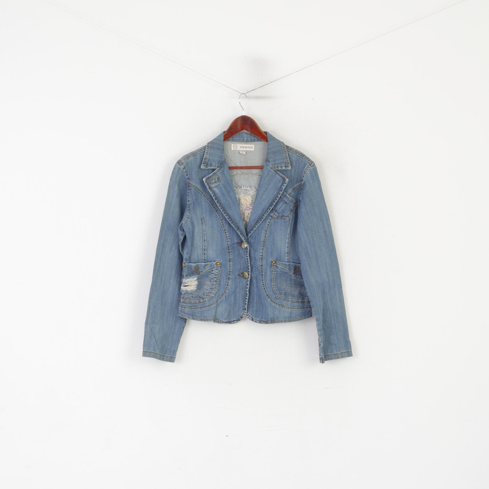 Vegoo Women XL (M) Denim Jacket Blue Vintage Glitter Jeans Gold Buttons Blazer