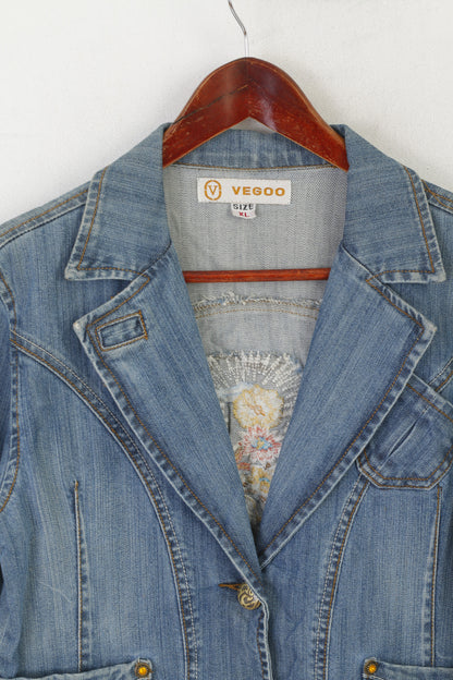 Vegoo Women XL (M) Denim Jacket Blue Vintage Glitter Jeans Gold Buttons Blazer