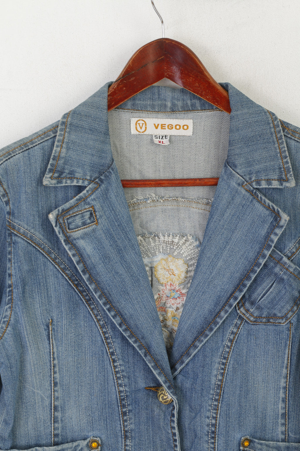 Vegoo Giacca da donna XL (M) Jeans blu vintage glitterati Blazer con bottoni dorati