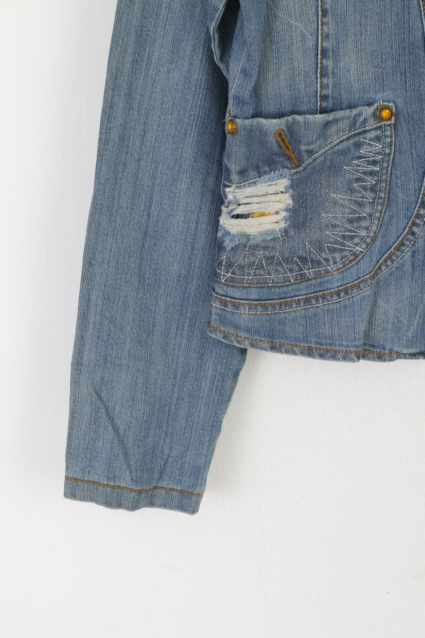 Vegoo Femme XL (M) Veste en Jean Bleu Vintage Paillettes Jeans Boutons Dorés Blazer