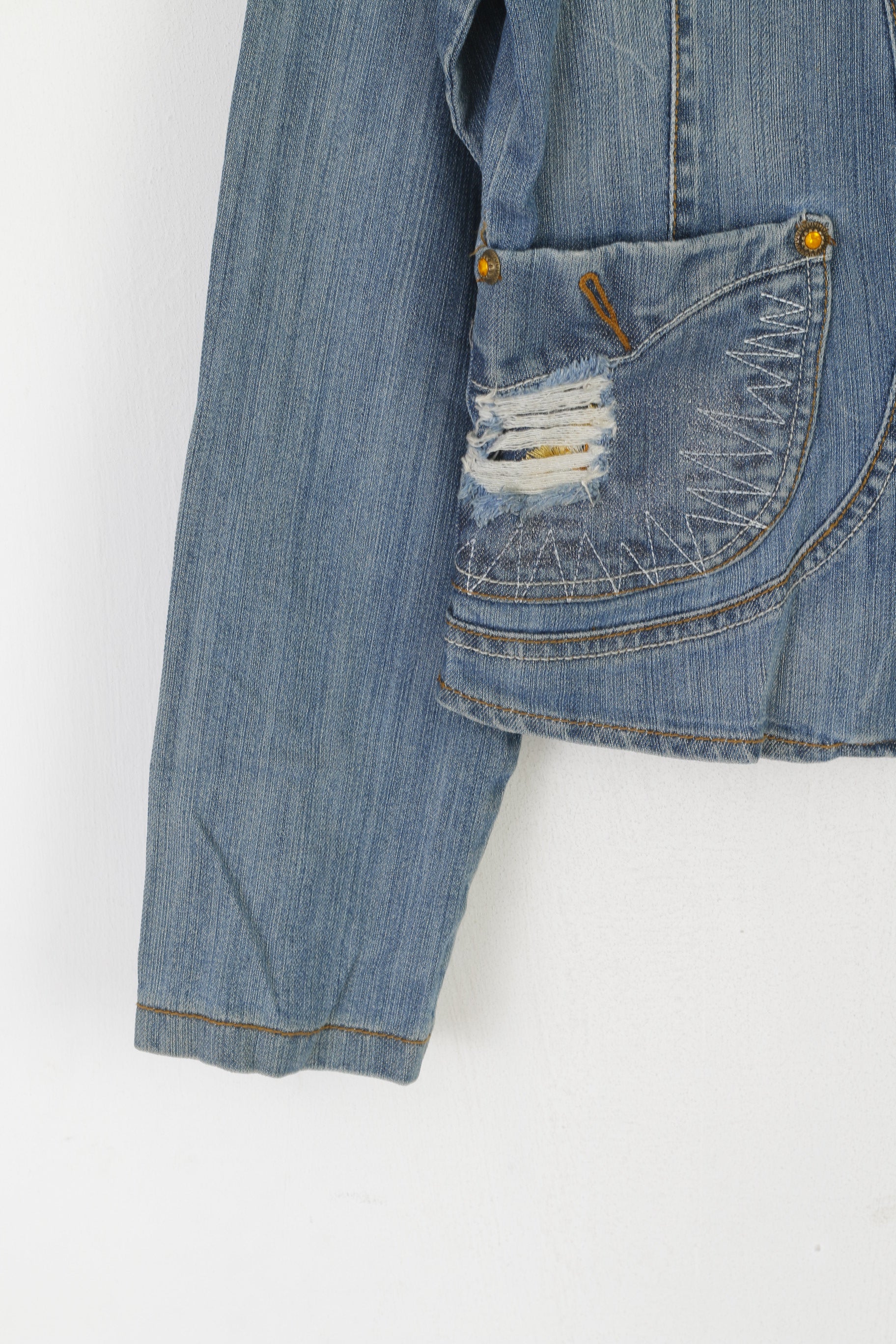 Vegoo Women XL (M) Denim Jacket Blue Vintage Glitter Jeans Gold Buttons Blazer