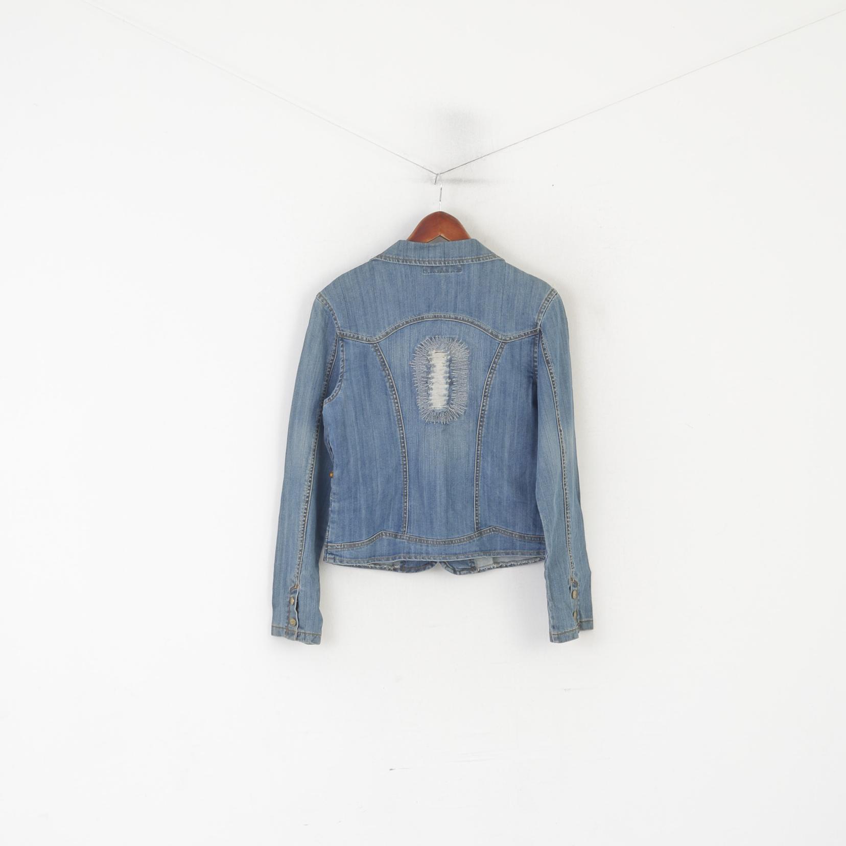 Vegoo Women XL (M) Denim Jacket Blue Vintage Glitter Jeans Gold Buttons Blazer