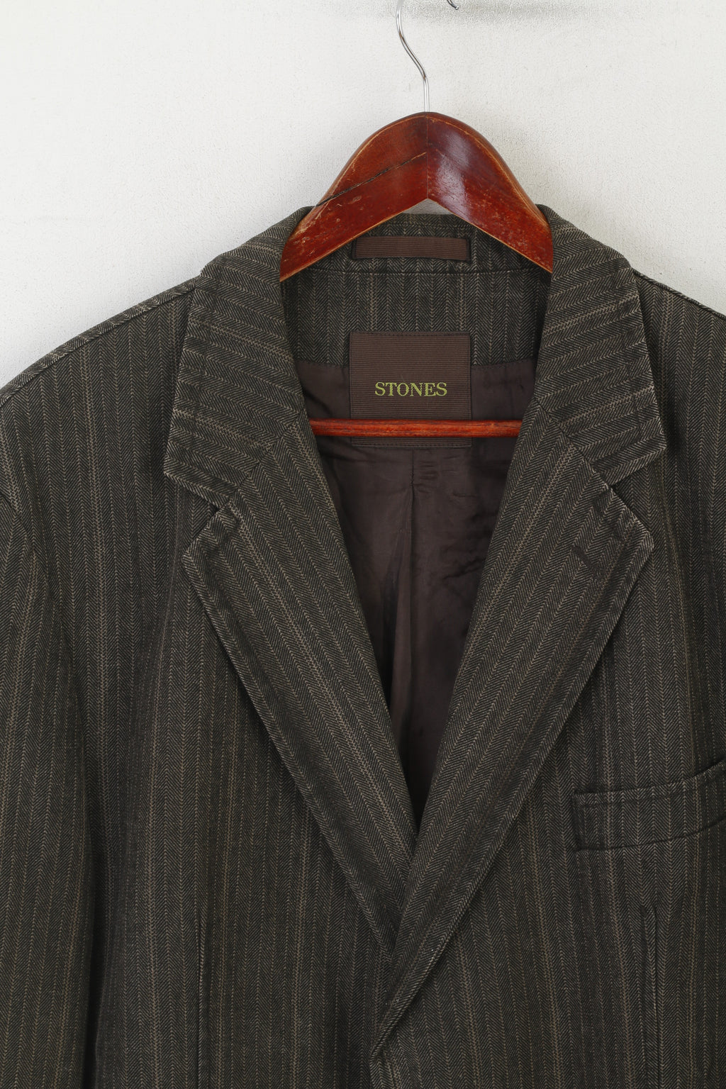 Stones Men XL Blazer Brown Cotton Denim Striped Vintage Single Breasted Jacket