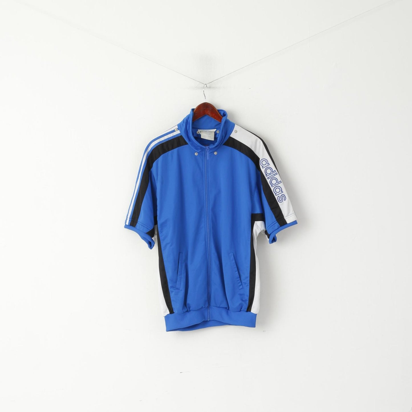 Adidas Men L 186 Sweatshirt Blue Vintage Warm Up Short Sleeve Full Zipper Top