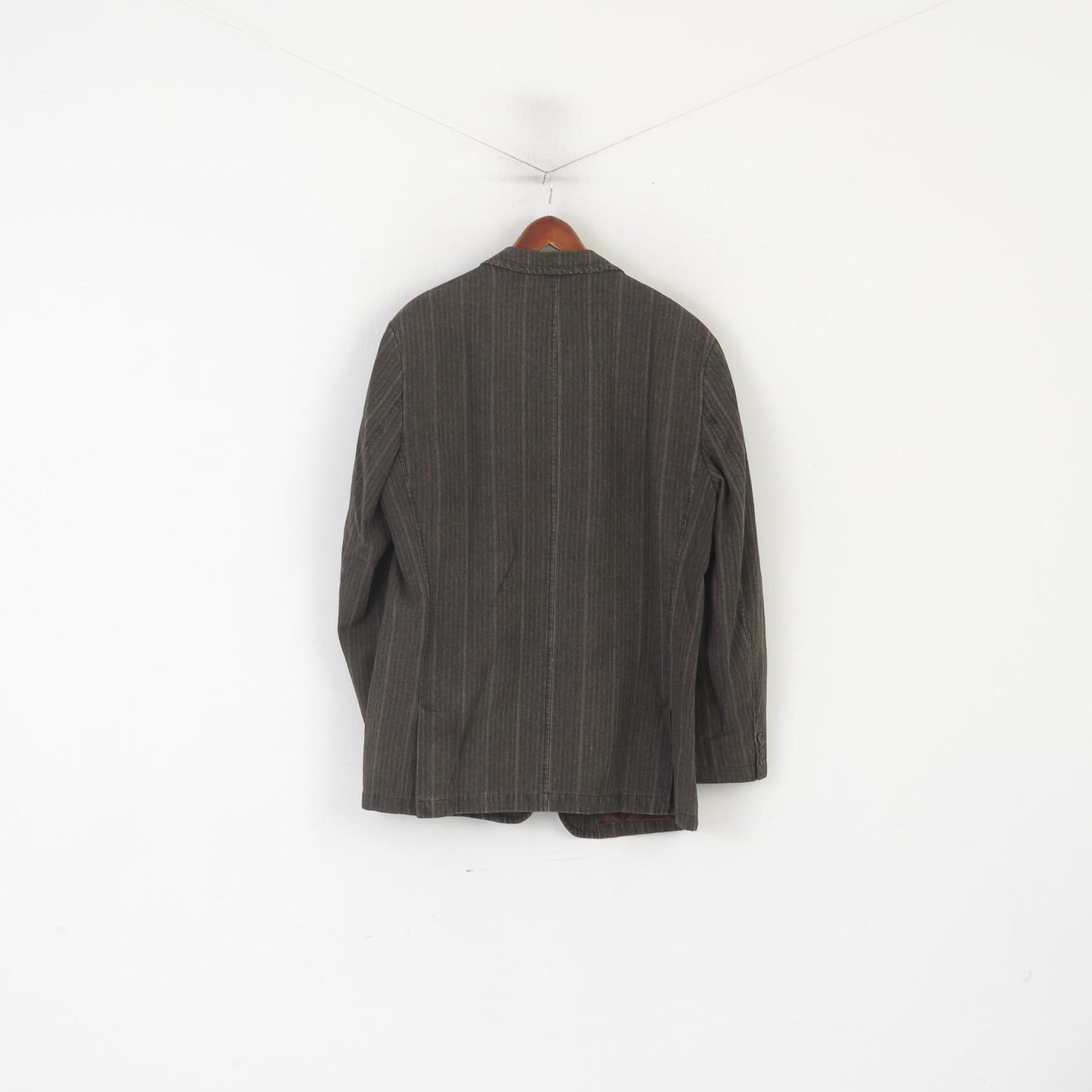 Stones Men XL Blazer Brown Cotton Denim Striped Vintage Single Breasted Jacket