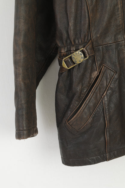 Hollies Women M Jacket Brown Leather Lined Heavy Vintage Zip Up Biker Top