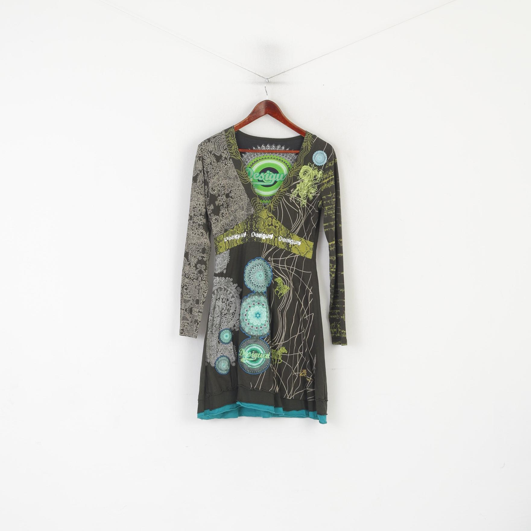 Desigual Women L (M) Dress Green Boho Emroidered Cotton V Neck Long Sleeve