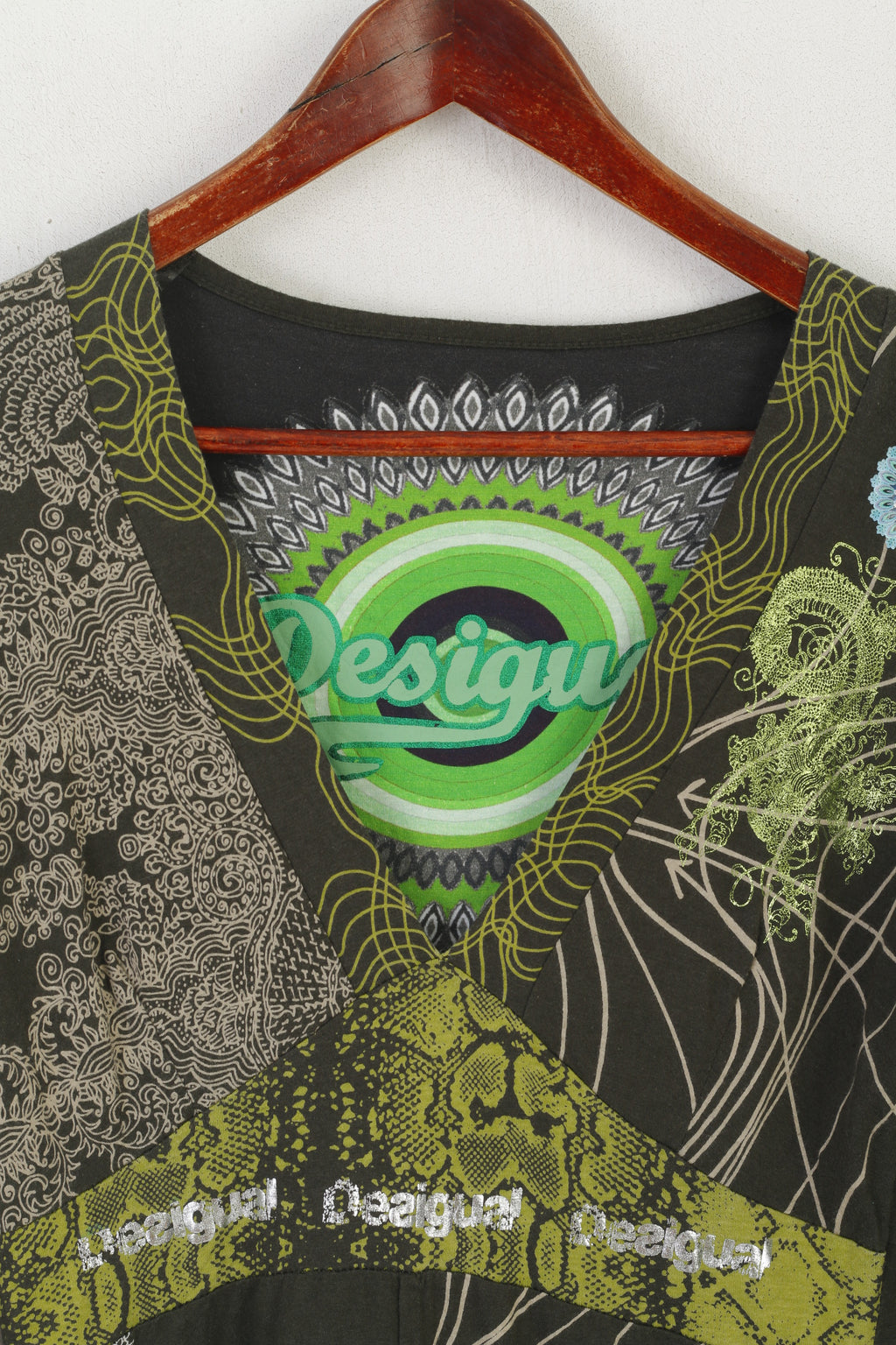 Desigual Women L (M) Dress Green Boho Emroidered Cotton V Neck Long Sleeve