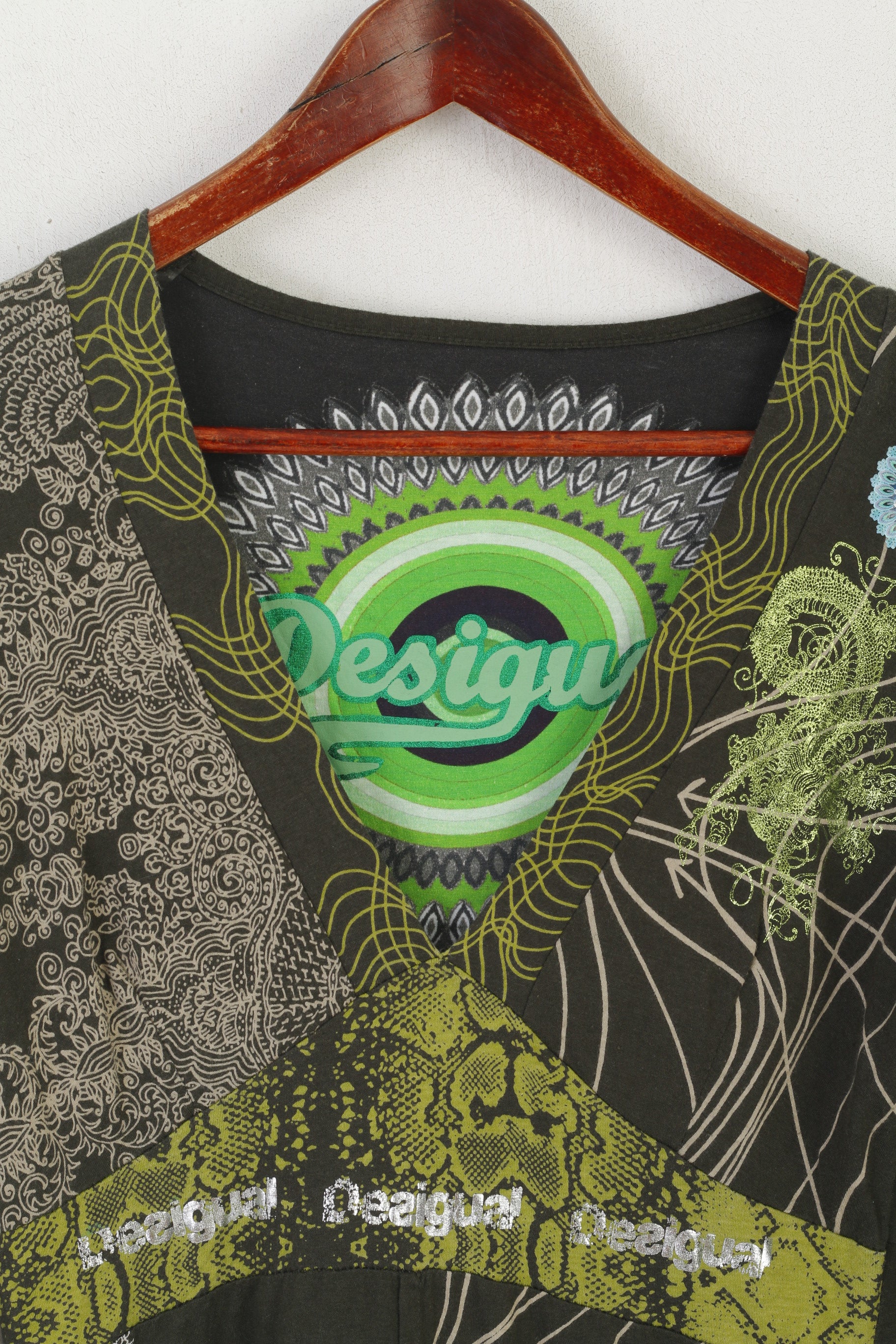 Desigual Women L (M) Dress Green Boho Emroidered Cotton V Neck Long Sleeve