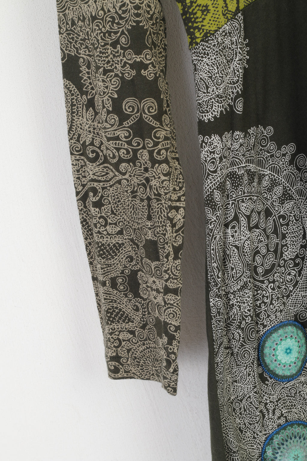 Desigual Women L (M) Dress Green Boho Emroidered Cotton V Neck Long Sleeve