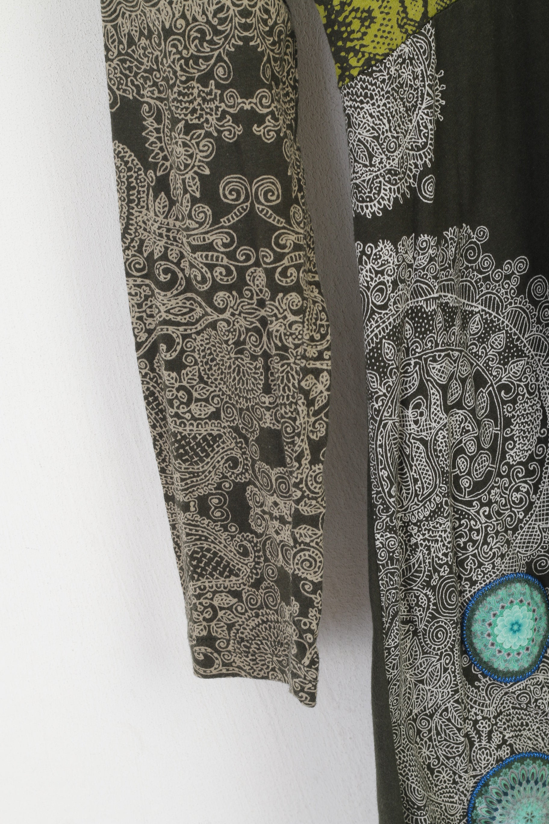 Desigual Women L (M) Dress Green Boho Emroidered Cotton V Neck Long Sleeve