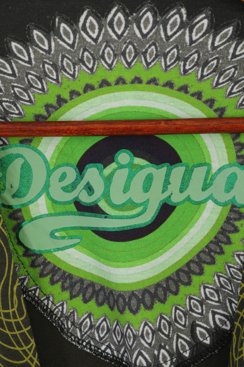 Desigual Women L (M) Dress Green Boho Emroidered Cotton V Neck Long Sleeve