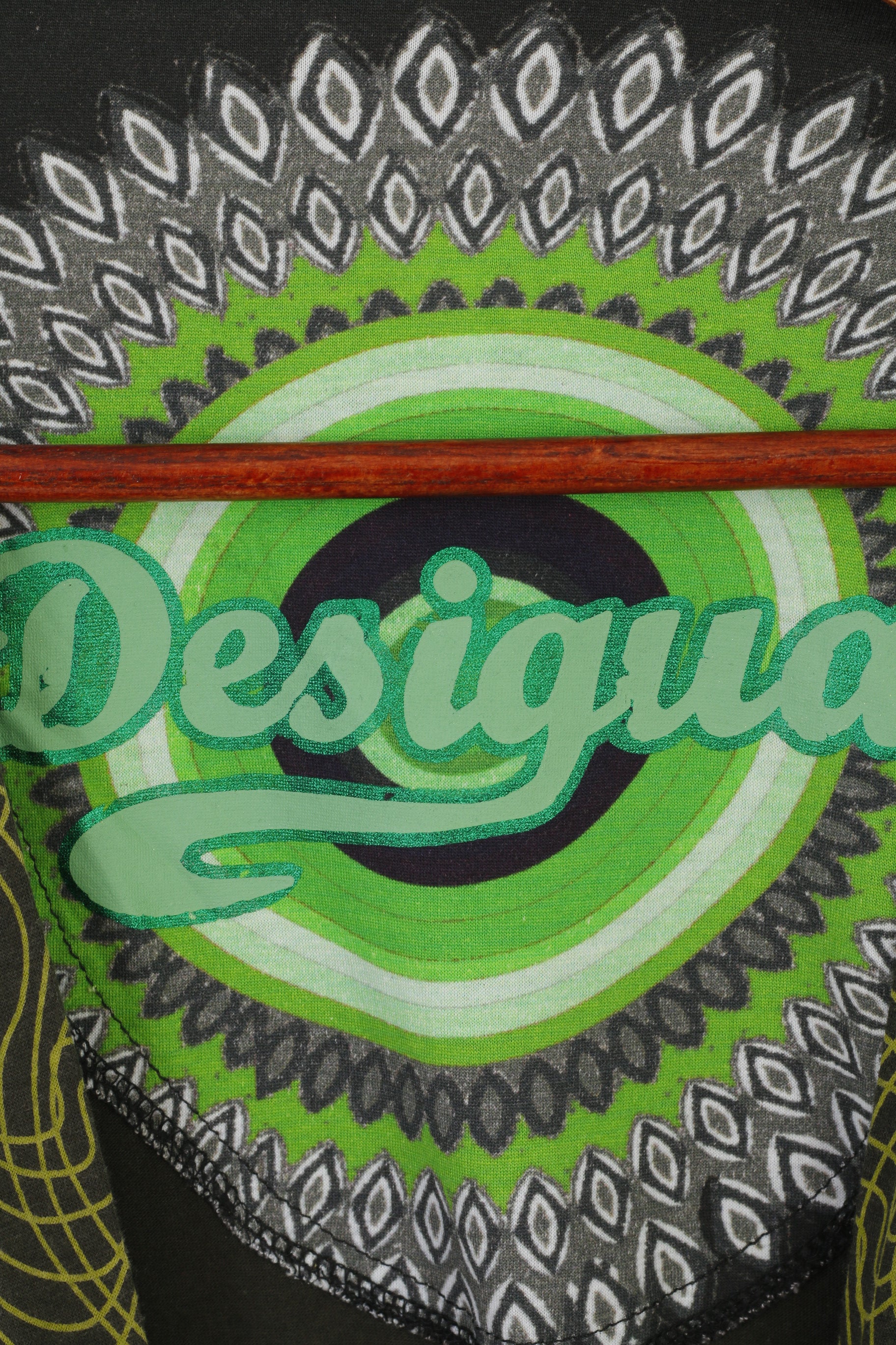 Desigual Women L (M) Dress Green Boho Emroidered Cotton V Neck Long Sleeve