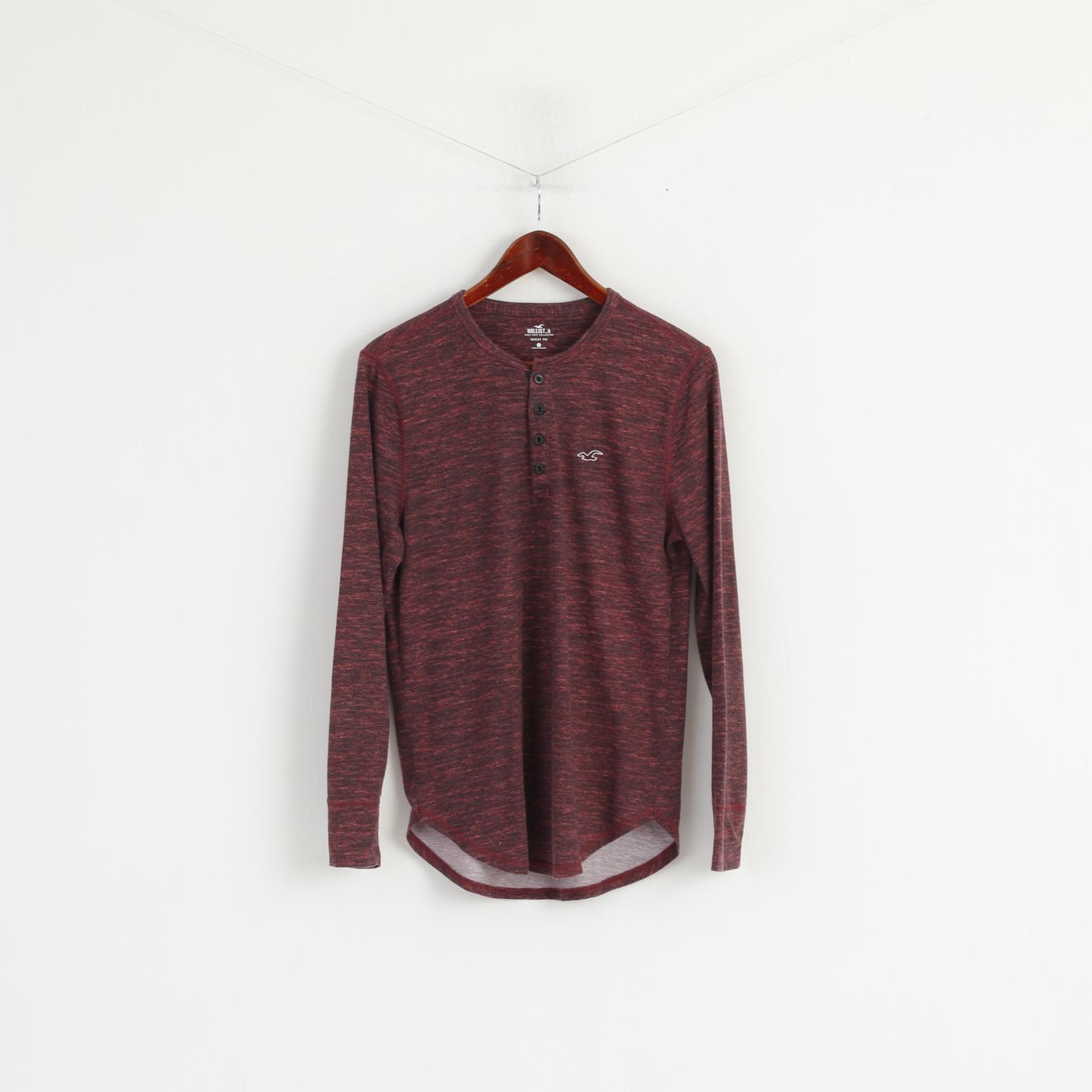 Camicia a maniche lunghe Hollister da uomo, maglietta Henley in cotone marrone rossiccio, basic elasticizzata