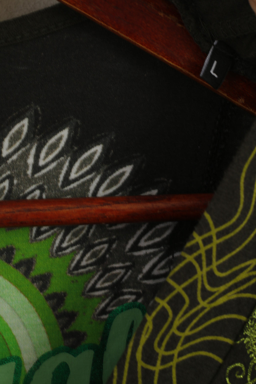 Desigual Women L (M) Dress Green Boho Emroidered Cotton V Neck Long Sleeve