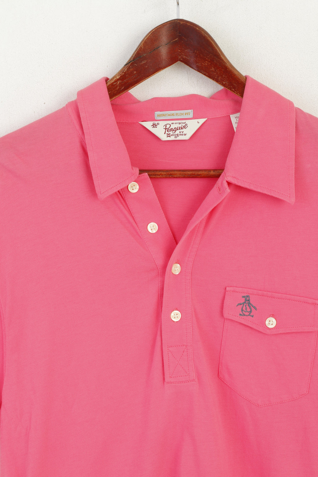 Penguin Men L Polo Shirt Pink Cotton Heritage Slim Fit Pocket Plain Top