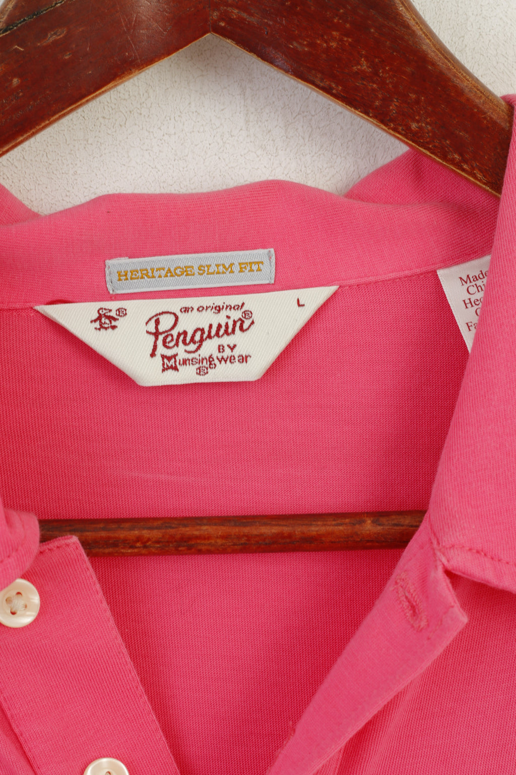 Penguin Men L Polo Shirt Pink Cotton Heritage Slim Fit Pocket Plain Top