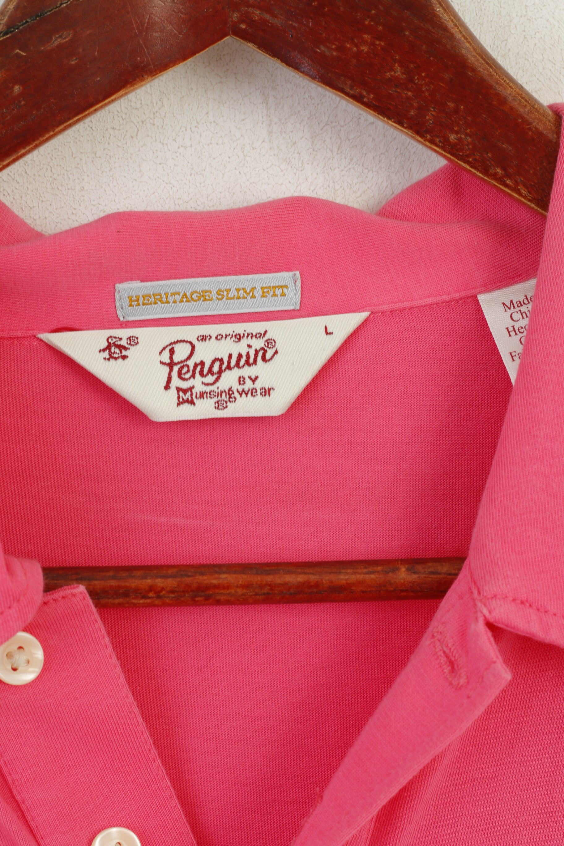 Penguin Men L Polo Shirt Pink Cotton Heritage Slim Fit Pocket Plain Top