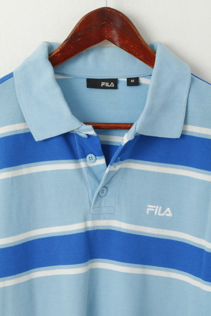 FILA Men M Polo Shirt Blue 100% Cotton Striped Slim Fit Detailed Buttons Classic Top