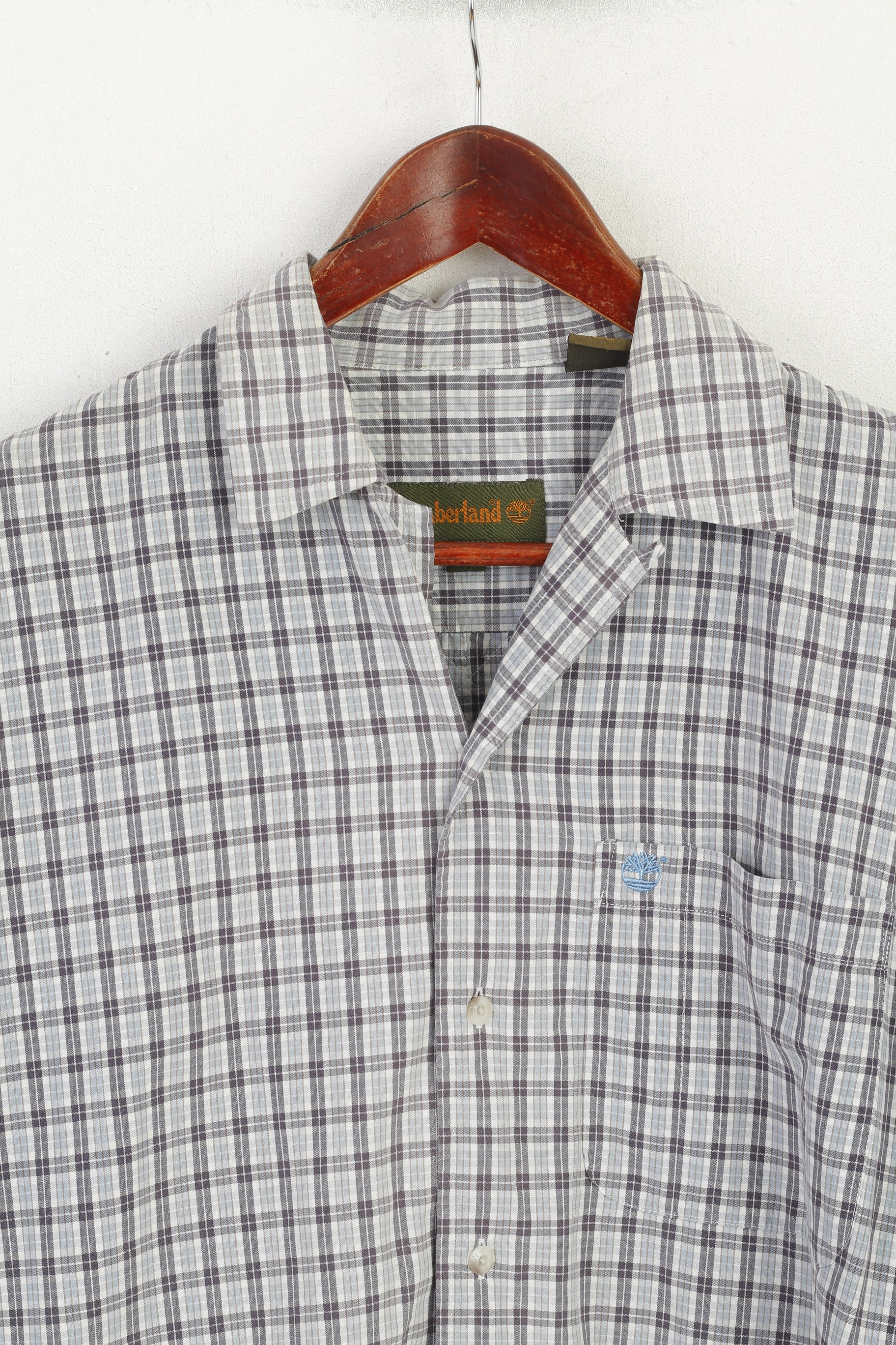 Timberland Men S (L) Casual Shirt Blue Cotton Check Vintage Short Sleeve Top