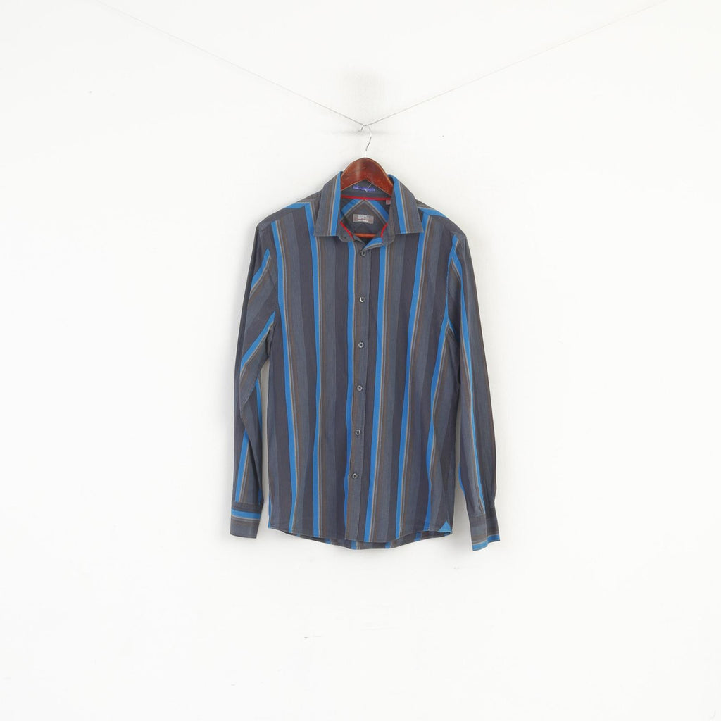Jeff Banks 24:7 Men M Casual Shirt Blue Brown Cotton Striped Long Sleeve Top
