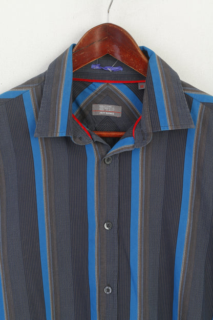 Jeff Banks 24:7 Camicia casual da uomo M. Top a maniche lunghe a righe in cotone marrone blu